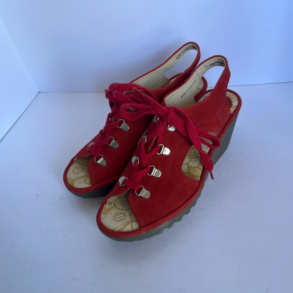 Fly London Red Suede Lace-Up Wedge Sandals